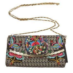 Vintage Handmade Style Embroidered Handbag Purse Butterfly Flower Black